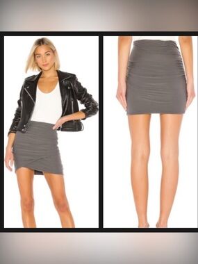 James Perse Ruched Mini Skirt Charcoal Asymmetrical Stretch Bodycon Size 2 M